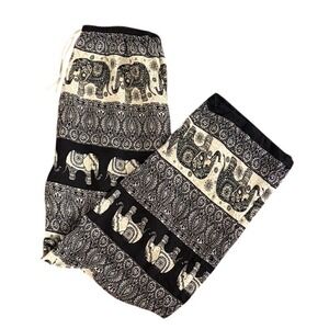 Bohemian Elephant Print Cotton Pants Women's Size L Loose Fit Lounge Casual Thai